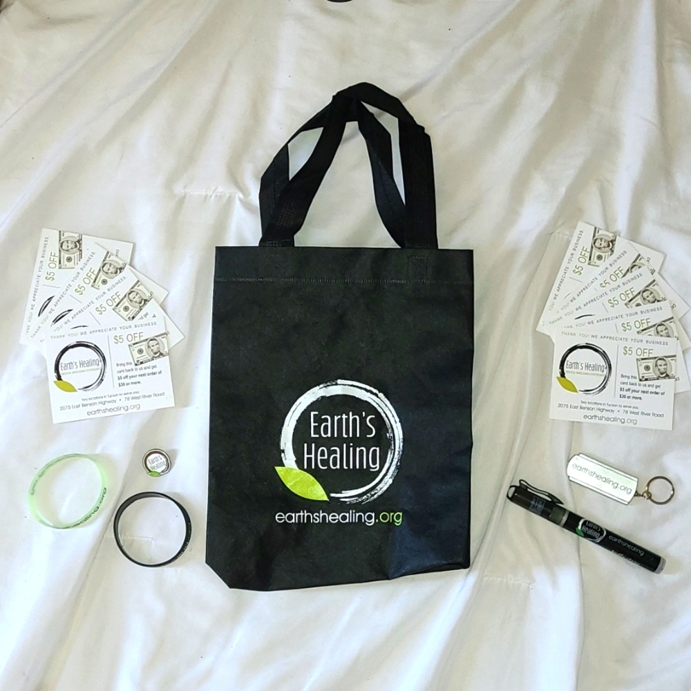 Earth's Healing Dispensary Tote Bag, Bracelet, Coupon, Pin, Flashlight Swag Pack